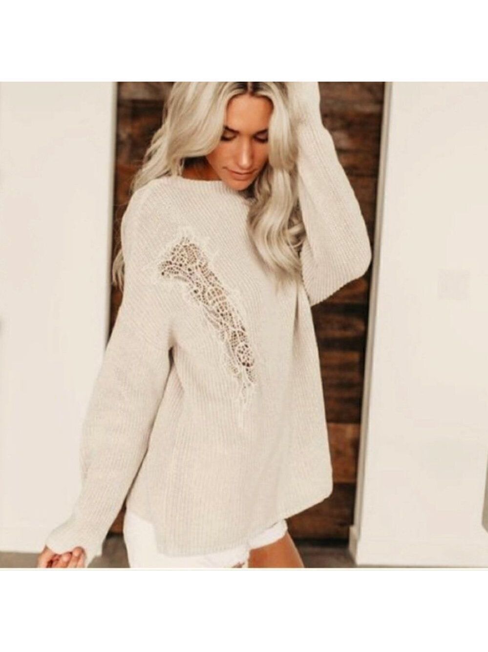 Vici | Rib knit cotton sweater with crochet